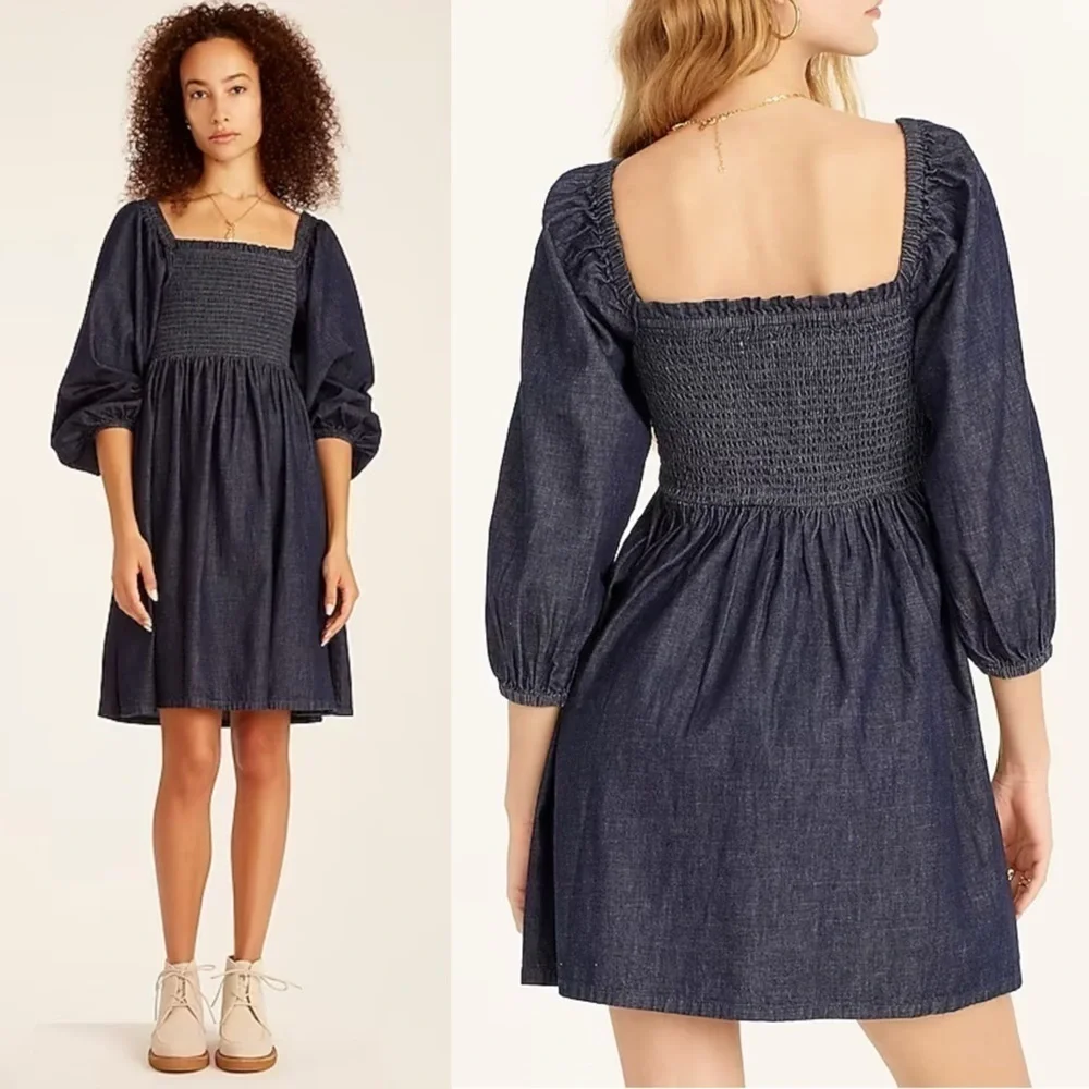 J. CREW BG118 COTTON CHAMBRAY DENIM BLUE SMOCKED PUFF SLEEVE MINI DRESS